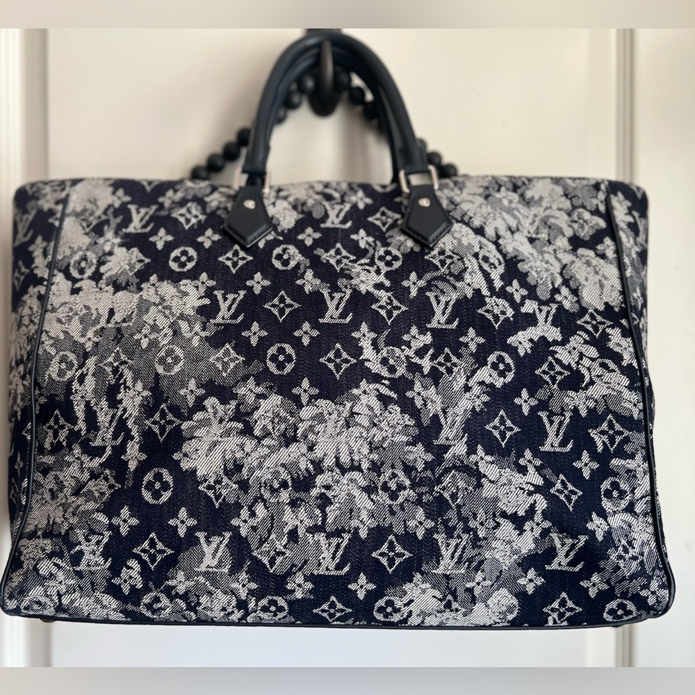 Louis Vuitton Monogram Grand Sac Tote Bag Blue Denim Tapestry Floral Large Purse